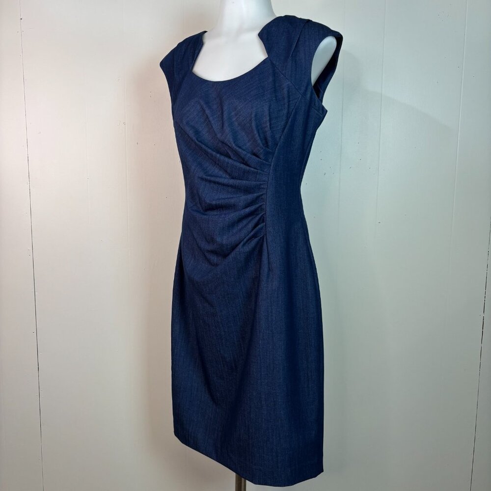 Calvin Klein Sheath Dress 6 Blue Cap Sleeve Shirred Office Cocktail Women's - Picture 4 of 9
